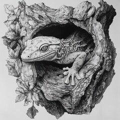 Poster - Gecko blends seamlessly with its habitat, showcasing intricate patterns and textures in detailed pencil sketch