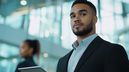 Leinwandbilder - Focused young professional engages in corporate discussion while holding a tablet in modern office environment