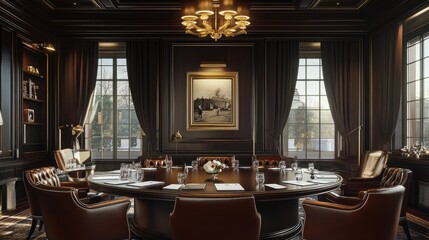 Poster - Classic executive meeting room with dark wood paneling, a large oval table, and stylish lighting.