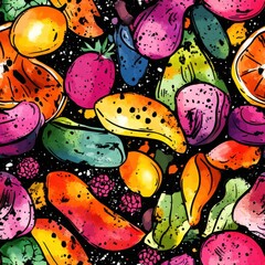 Poster - Dynamic doodle pattern of vibrant fruits and vegetables in watercolor style