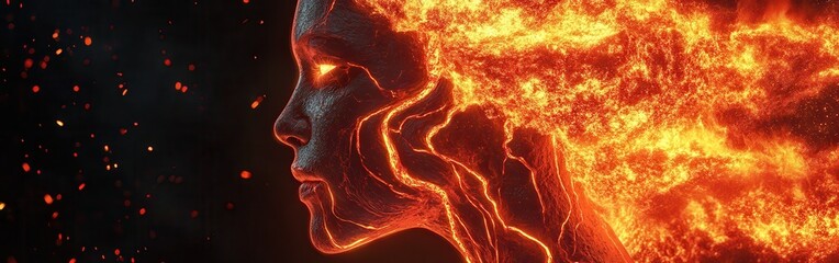 Aufkleber - Dynamic fusion of human expression and volcanic elements with glowing lava veins and fiery hair