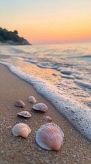 Poster - Serene beach with seashells at sunset offering a peaceful escape by the gentle waves on the shoreline