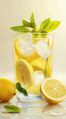 Poster - Refreshing summer drink with lemon slices and mint in a clear glass close-up
