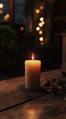 Poster - Close-up view showcasing a lit candle on a rustic wooden table, filling the surroundings with warm light during a cozy evening