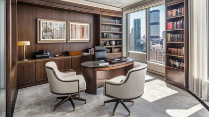Poster - Corporate office interior with contemporary furniture, neutral tones, and natural lighting.
