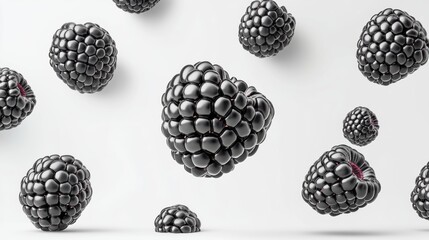 Wall Mural - Floating Blackberries on White Background