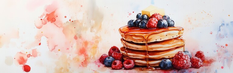 Poster - Delightful stack of pancakes topped with fresh berries and maple syrup on a watercolor background