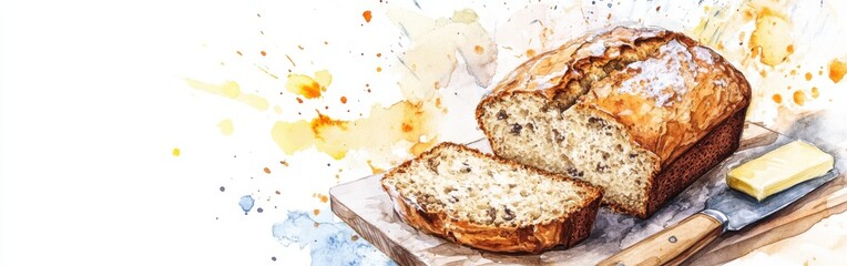 Aufkleber - Close-up view of freshly baked bread on a wooden board with watercolor splash background