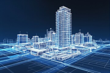 Modern cityscape with high-rise buildings in wireframe style on a dark blue background. A creative concept of urban architecture and technology. Ai generative