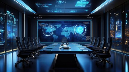 Poster - Dark-themed high-tech boardroom with futuristic LED lighting and digital data displays.
