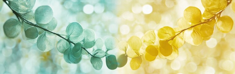 Poster - Soft bokeh gradients create a serene atmosphere in mint green and lemon hues among delicate leaves