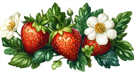 Wall Mural - Vibrant Red Strawberries with White Flowers and Lush Green Leaves