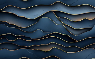 Poster - A stunning abstract illustration featuring layered waves in deep blue tones with golden outlines, perfect for backgrounds, wallpapers, or design projects