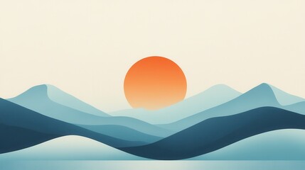 Poster - Minimalist gradient design featuring sun setting behind soft mountain silhouettes