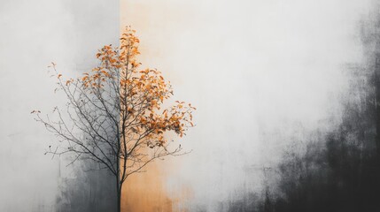 Poster - Minimalist tree against a contrasting backdrop of amber and gray hues in an urban setting during the fall season