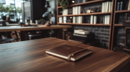 Poster - Entrepreneur's dream workspace with a wooden desk, leather notebook, and an aesthetic desktop layout.