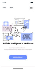 Poster - artificial intelligence healthcare concept with medical icons and a person interacting with tech ele