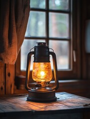 Aufkleber - Vintage lantern emits a warm glow inside a rustic wooden cabin during evening hours