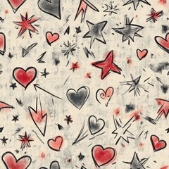 Aufkleber - Intricate doodle cartoon drawings featuring hearts, stars, and arrows on a textured background in red and black colors