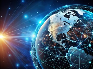 Aufkleber - Futuristic Earth Globe with Plexus Connection Lines: Global Network Technology Background