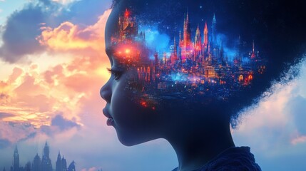 Aufkleber - Vibrant profile visualization of a child with a colorful cityscape reflecting imagination and dreams