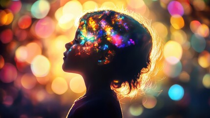 Aufkleber - Child glows with vibrant colors against a backdrop of shimmering lights, evoking wonder and imagination