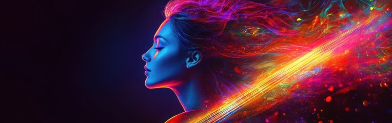 Poster - Vibrant profile of a woman illuminated by colorful lights in an abstract setting
