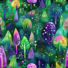 Poster - Vibrant watercolor doodle depicting a whimsical forest of colorful trees and plants