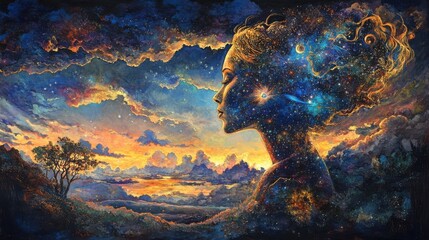 Poster - Surreal representation of a glowing woman amidst a cosmic landscape at twilight