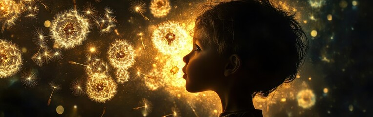 Poster - Surreal silhouette of a child admiring dandelion seeds in a glow of enchanted light