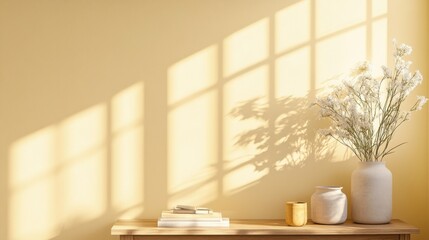 Aufkleber - Soft yellow wall with shadows highlighting a minimalist interior and decorative elements in natural light