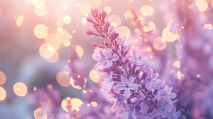 Aufkleber - Soft pastel lilac flowers against a dreamy background of shimmering bokeh lights at sunset