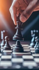 Poster - Hand moving king chess piece on chessboard during a game, representing strategy, leadership, competition, and decision making in business and life
