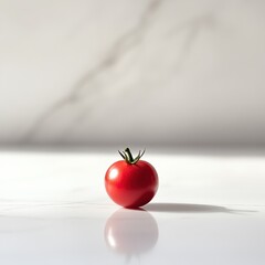 Poster - Fresh cherry tomato with glossy red skin captured on a minimalist background during natural light