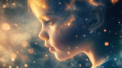 Aufkleber - Child's face illuminated by cosmic wonders and soft light in a dreamlike representation