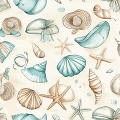 Poster - Watercolor doodle of seashells, starfish, and marine elements on a soft background for a calming coastal vibe