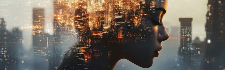 Aufkleber - Serene portrait capturing a woman's face blended with an urban skyline during twilight hours