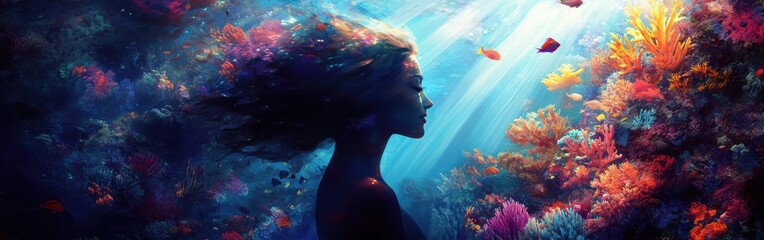 Poster - Woman immersed in vibrant underwater world surrounded by colorful coral and fish during daylight