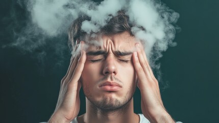 Aufkleber - Exhausted man holding his head with closed eyes and smoke is coming out from his head, symbolizing stress and information overload on a dark green background