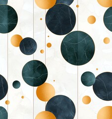 Poster - Abstract geometric pattern featuring various sized circles in dark green and gold against a light background, creating a modern and stylish design ideal for wallpapers and prints.