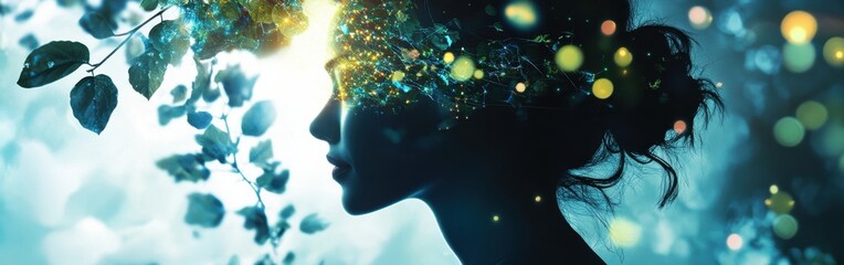 Fototapete - Serene portrait of a woman glowing with light amidst ethereal foliage in a tranquil environment