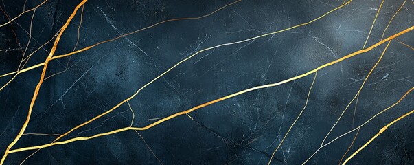Poster - Black and gold marble abstract image featuring intricate golden lines across a textured dark blue background, creating a sense of depth and modernity, perfect for various design projects.
