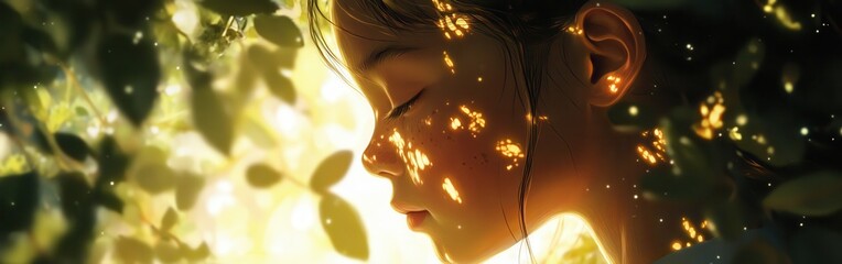 Poster - Child's face illuminated by soft sunlight, surrounded by gentle greenery at sunset, evoking a peaceful mood and wonderfulness