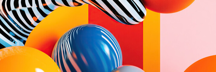 Poster - Abstract Composition with Glossy Spheres and Striped Form
