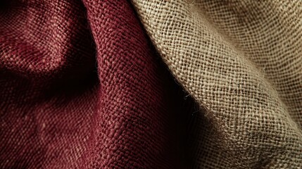 Poster - Rustic burgundy and beige burlap fabric texture close-up showcasing natural fibers and rich colors