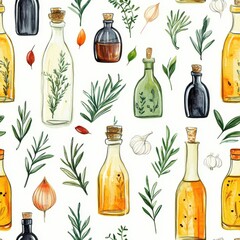 Poster - Beautiful watercolor doodle illustrations of various bottles and herbs with an artistic touch