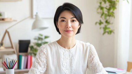 Poster - Professional woman with short black hair sitting confidently at her desk in a well-lit, modern office space