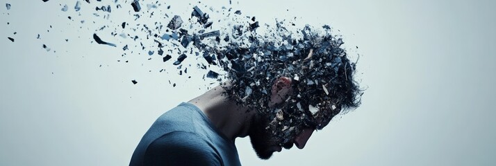 Aufkleber - Man grappling with a painful migraine and overwhelming stress, experiencing his head shattering into fragments, representing the struggles of burnout and mental health challenges