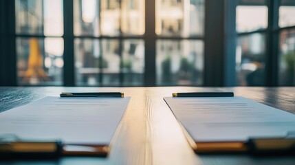 Poster - Two business contracts side by side on a modern office desk, symbolizing corporate partnership.