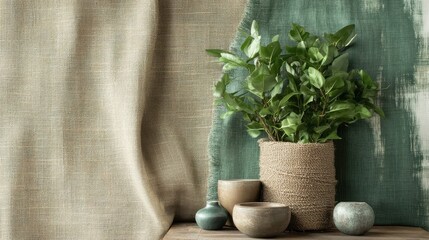 Aufkleber - Natural burlap backdrop with forest green accents and potted greenery for a serene interior decor setting